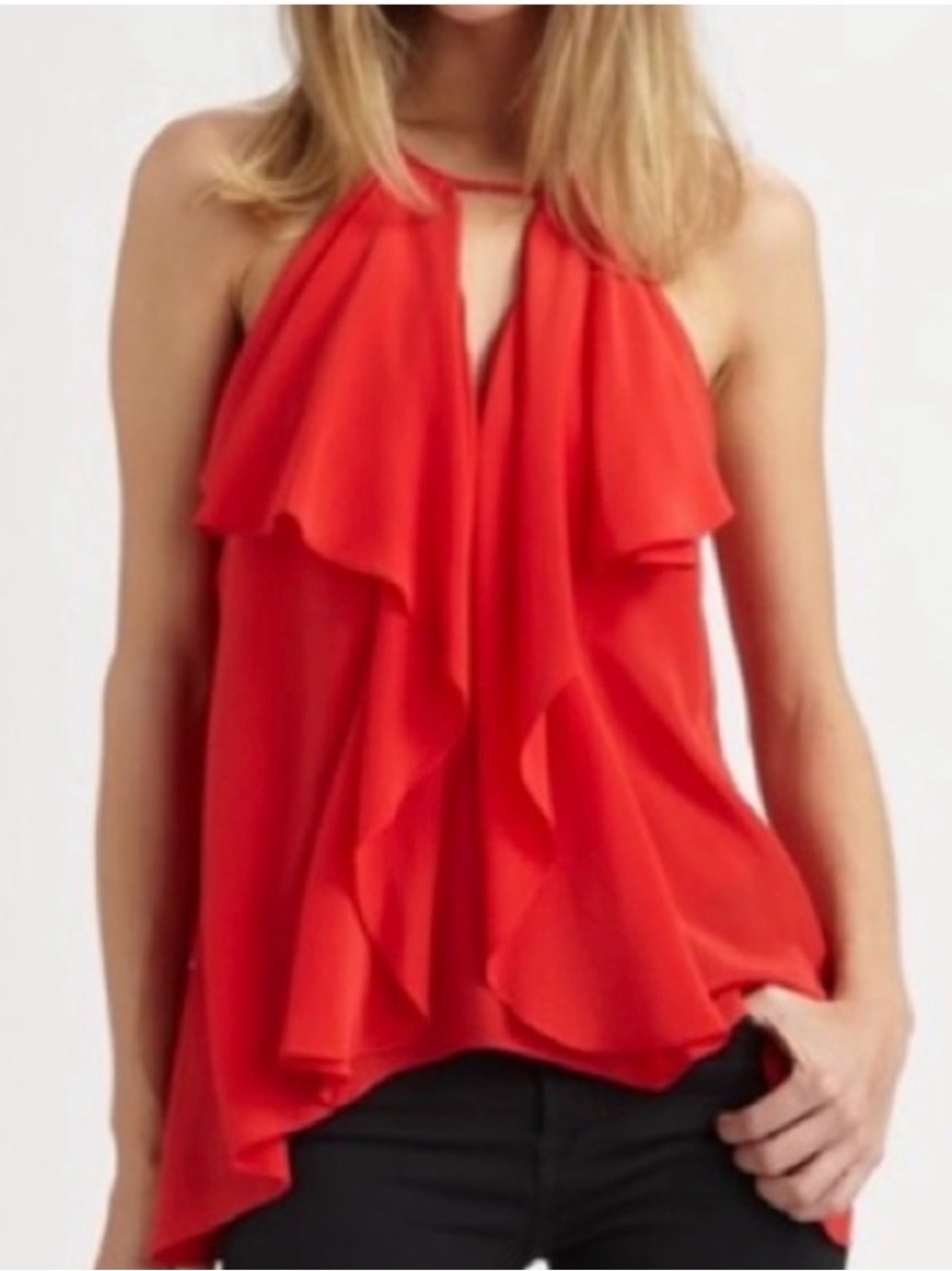 BCBG Max Azria Claudia 100% Silk Berry Red Ruffle Halter Top Size Medium NWOT